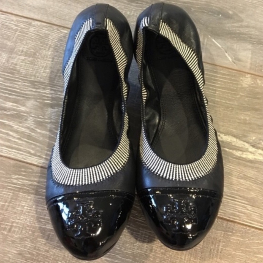 Tory Burch Grosgrain Trim Black Leather Ballet Flats size 9